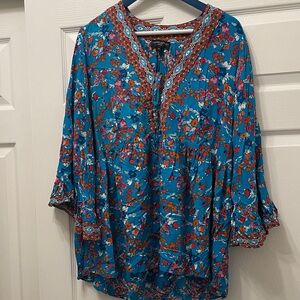 Cynthia Rowley Teal Floral Tunic with Rust Trim